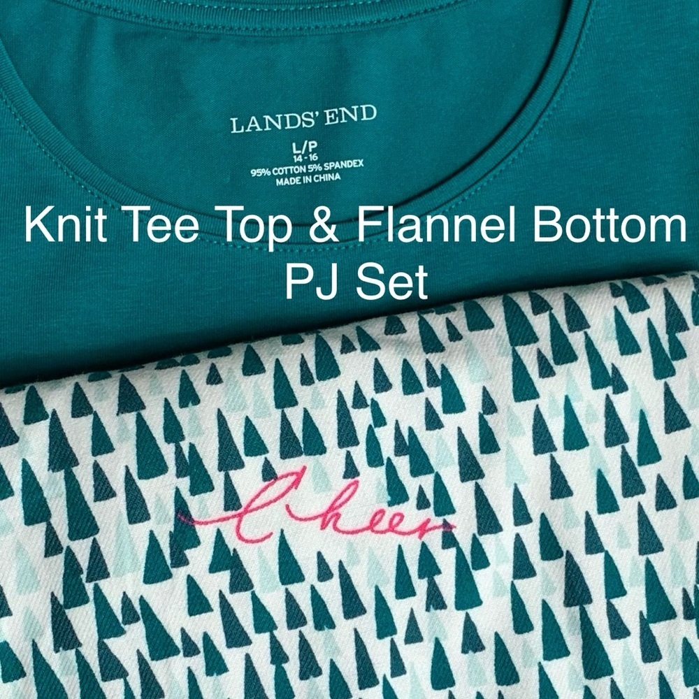 LANDSEND WOMENS PJ SET Knit Tee Shirt Top & Cotton Flannel Pants PETITE LARGE